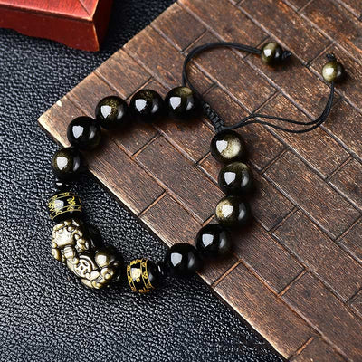 Buddha Stones Natural Gold Sheen Obsidian PiXiu Om Mani Padme Hum Wealth Braided Bracelet Bracelet BS 14mm