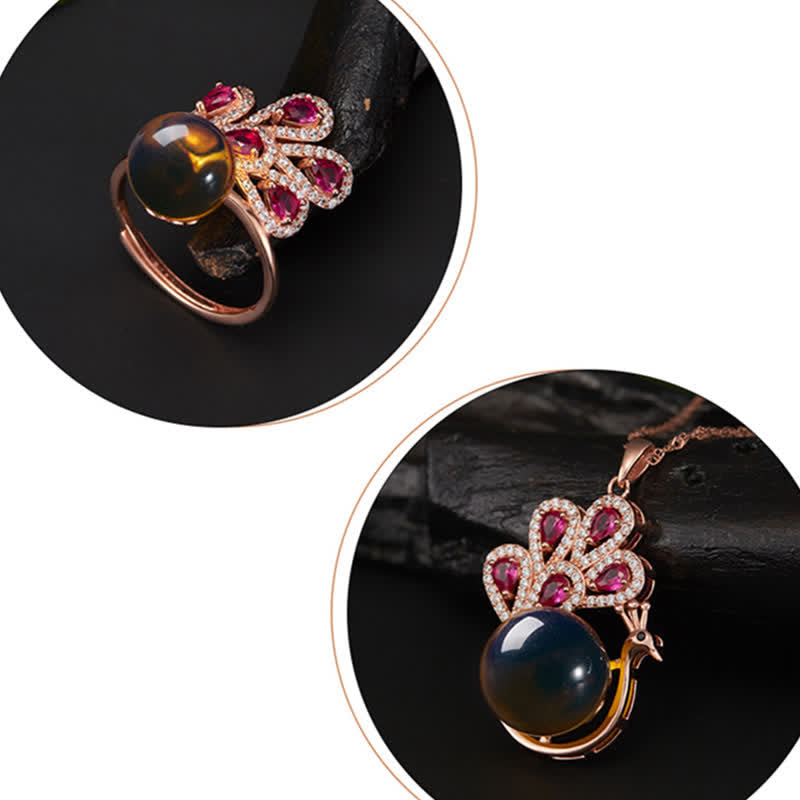 Buddha Stones Peacock Amber Fortune Love Necklace Pendant Ring Necklaces & Pendants BS 5