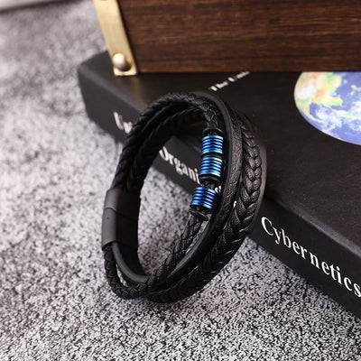 Buddha Stones Leather Multi-Layer Titanium Steel Balance Braided Magnetic Buckle Bracelet Bracelet BS 21
