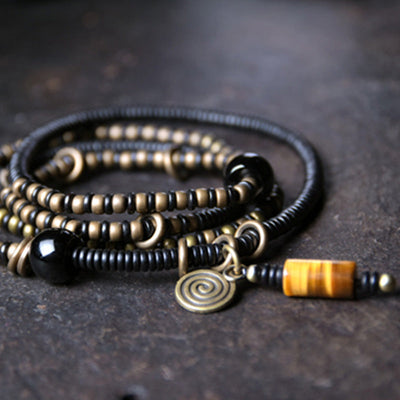 Buddha Stones Ebony Wood Dzi Bead Copper Peace Couple Bracelet Necklace Pendant Bracelet Necklaces & Pendants BS 6