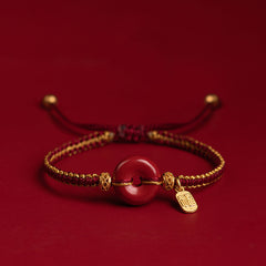 Buddha Stones Natural Cinnabar Peace Buckle Fu Character Charm Blessing Braided Bracelet Bracelet BS 15mm Peace Buckle(Wrist Circumference 14-18cm)