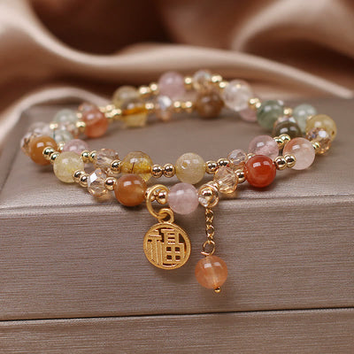 Buddha Stones Multicolored Rutilated Quartz Fu Character Auspiciousness Bracelet Bracelet BS Rutilated Quartz(Auspiciousness♥Courage)
