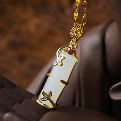 Buddha Stones White Jade Cyan Jade Bamboo Luck Protection Necklace Pendant Necklaces & Pendants BS 10