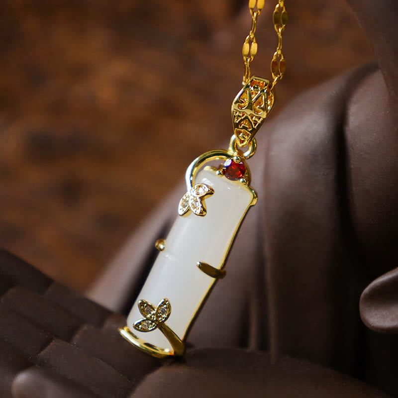 Buddha Stones White Jade Cyan Jade Bamboo Luck Protection Necklace Pendant Necklaces & Pendants BS 10