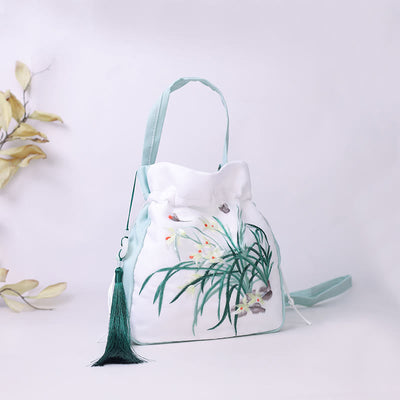 Buddha Stones Suzhou Embroidery Rabbit Lotus Epiphyllum Peony Magnolia Silk Tote Crossbody Bag Shoulder Bag Handbag Crossbody Bag BS Light Green Orchid Grass 20*20*7cm