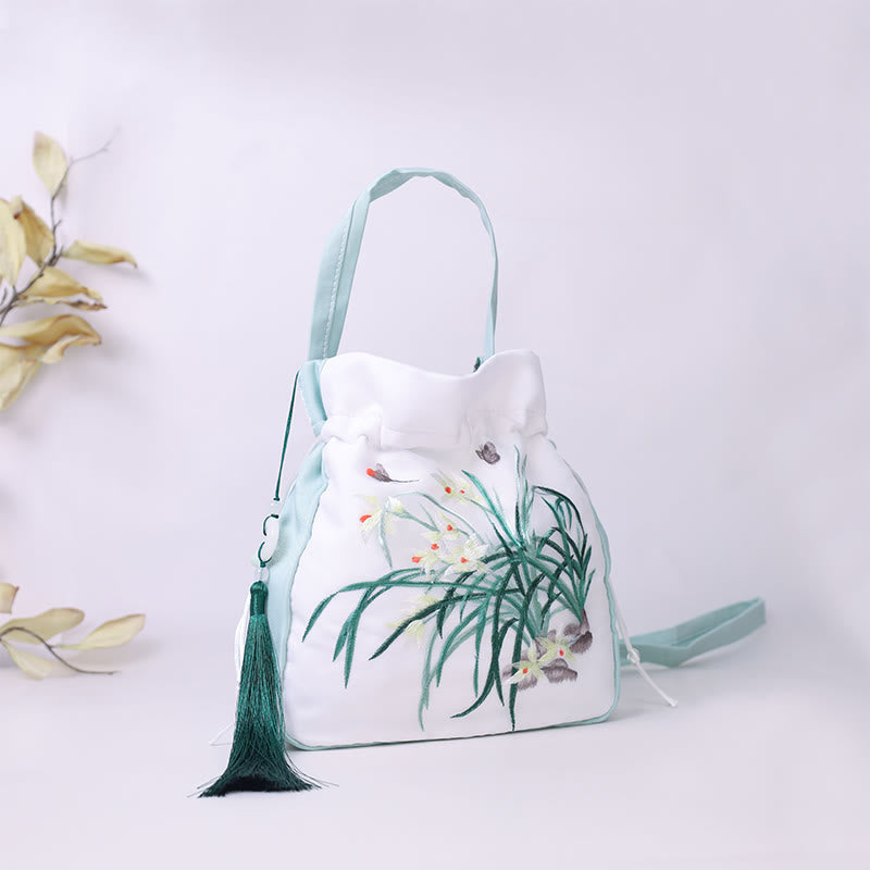 Buddha Stones Suzhou Embroidery Rabbit Lotus Epiphyllum Peony Magnolia Silk Tote Crossbody Bag Shoulder Bag Handbag Crossbody Bag BS Light Green Orchid Grass 20*20*7cm