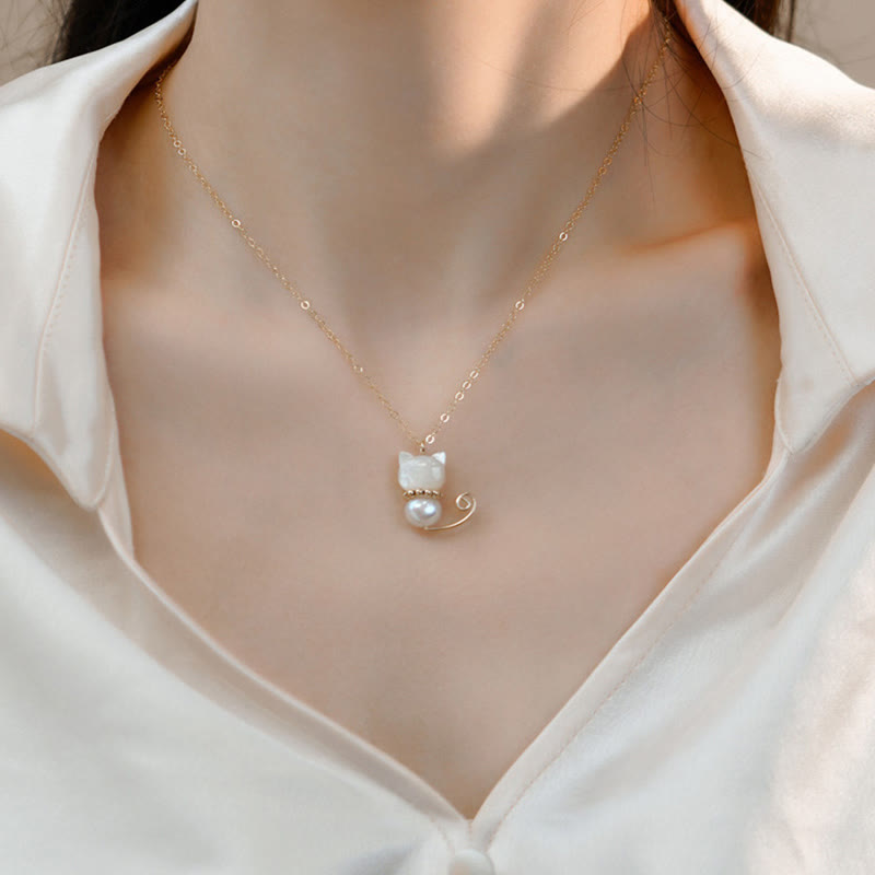 Buddha Stones 14K Gold Plated Pearl Hetian Jade Shell Luck Cat Kitten Necklace Pendant Necklaces & Pendants BS 3