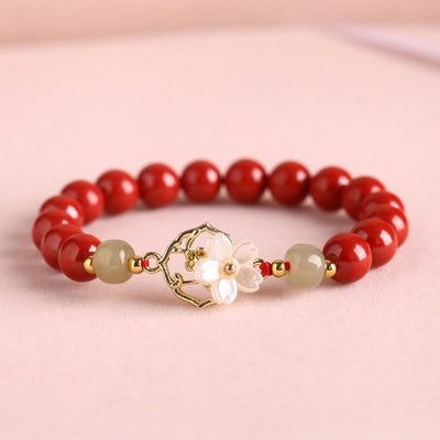 Buddha Stones Natural Cinnabar Jade Beaded Tridacna Stone Flower Blessing Bracelet Bracelet BS Red Cinnabar 8mm(Wrist Circumference 18cm)