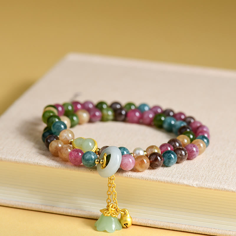 Buddha Stones Multicolored Tourmaline Gourd Wisdom Double Wrap Lily Of The Valley Charm Bracelet Bracelet BS 3
