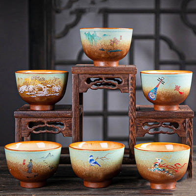 Buddha Stones Colorful Deer Pipa Snow Plum Blossoms Mountains Rivers Bird Ceramic Teacup Kung Fu Tea Cup Bowl Cup BS 25