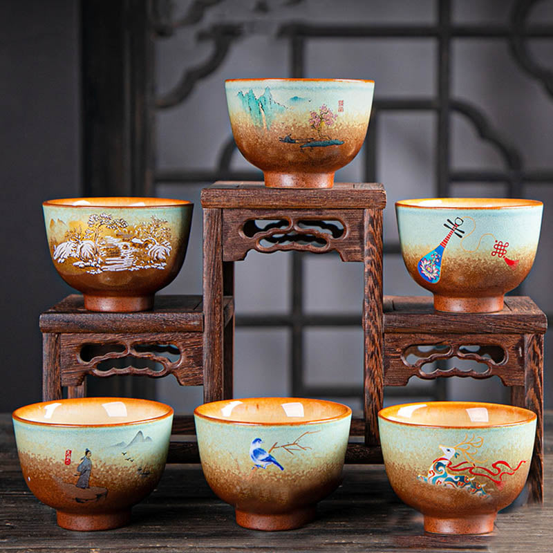 Buddha Stones Colorful Deer Pipa Snow Plum Blossoms Mountains Rivers Bird Ceramic Teacup Kung Fu Tea Cup Bowl Cup BS 25