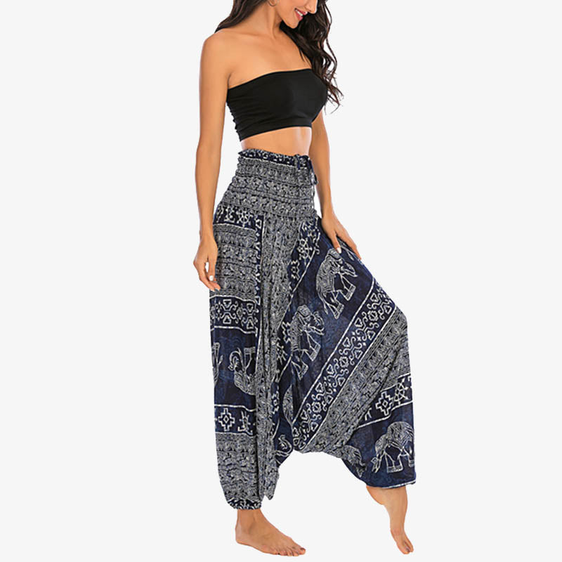 Buddha Stones Two Style Wear Elephant Pattern Loose Smocked Harem Trousers Jumpsuit Women's Yoga Pants Harem Pants&Bodysuit BS 34