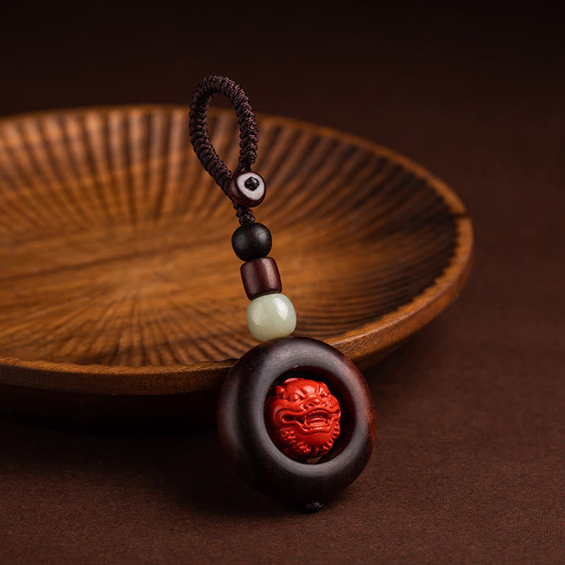 Foviel Tibet Om Mani Padme Hum PiXiu Copper Coin Small Leaf Red Sandalwood Cinnabar Protection Key Chain