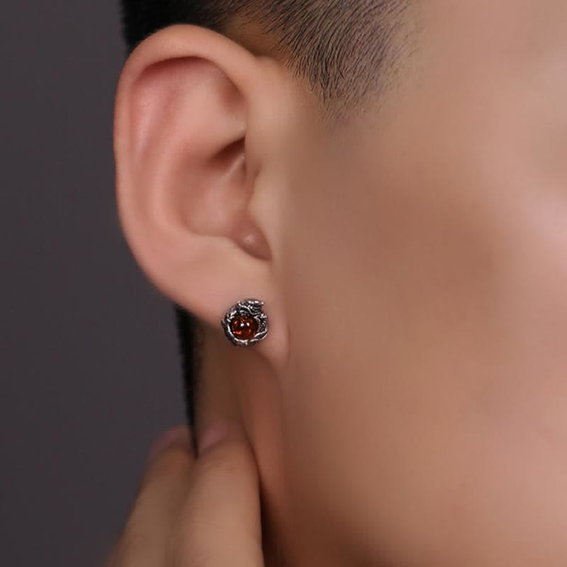 Buddha Stones 925 Sterling Silver Natural Amber Dragon Success Protection Stud Earring Earrings BS 6