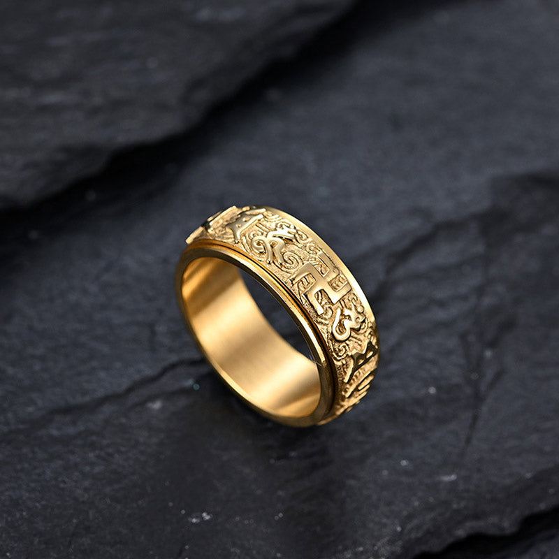Buddha Stones Six True Words Balance Calm Titanium Steel Ring - image 6