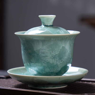 Buddha Stones Traditional Glaze Ceramic Gaiwan Sancai Teacup Kung Fu Tea Cup And Saucer With Lid 180ml Cup BS Light Green 11.7cm*10.2cm*180ml