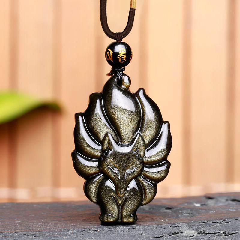 Buddha Stones Natural Rainbow Obsidian Gold Sheen Obsidian Nine Tailed Fox Positive Necklace Pendant - Gold Sheen Obsidian Nine Tailed Fox - image 7