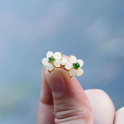 Buddha Stones White Jade Flower Luck Blessing Stud Earrings Earrings BS 4