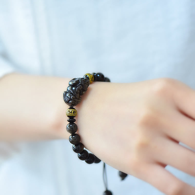 Buddha Stones Natural Gold Sheen Obsidian PiXiu Om Mani Padme Hum Wealth Braided Bracelet Bracelet BS 10
