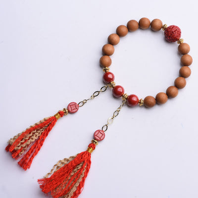 Buddha Stones Tibetan Natural Peach Wood Cinnabar PiXiu Wealth Tassels Bracelet Bracelet BS 9
