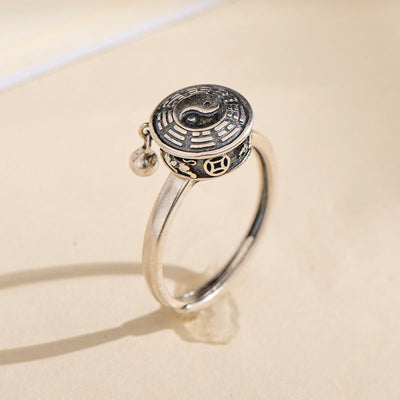 Buddha Stones Yin Yang Copper Luck Wealth Rotatable Ring Rings BS Silver