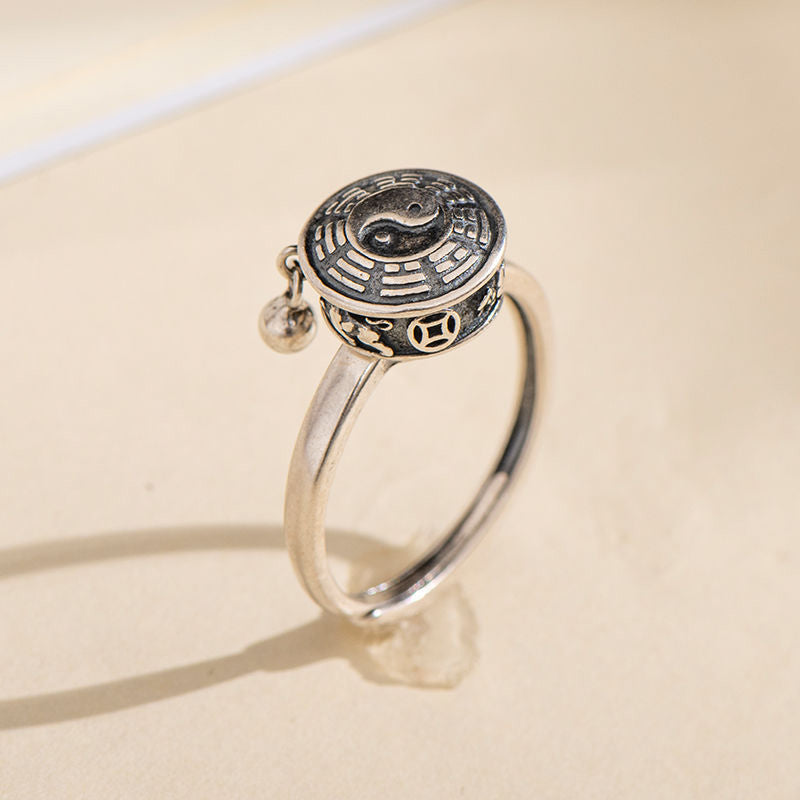 Buddha Stones Yin Yang Copper Luck Wealth Rotatable Ring Rings BS Silver