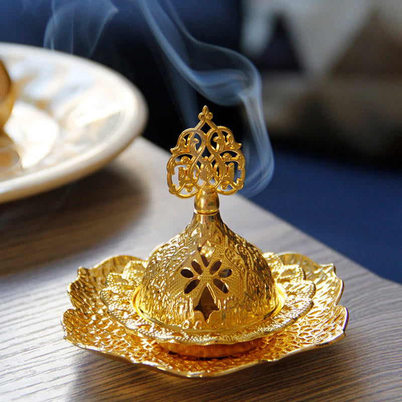 Buddha Stones Gold Leaf Coaster Spiritual Mini Alloy Metal Incense Burner Incense Burner BS 9