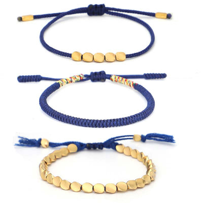 Buddha Stones 3 PCS Tibetan Copper Beads Healing Protection Luck Bracelet Set Bracelet BS 3