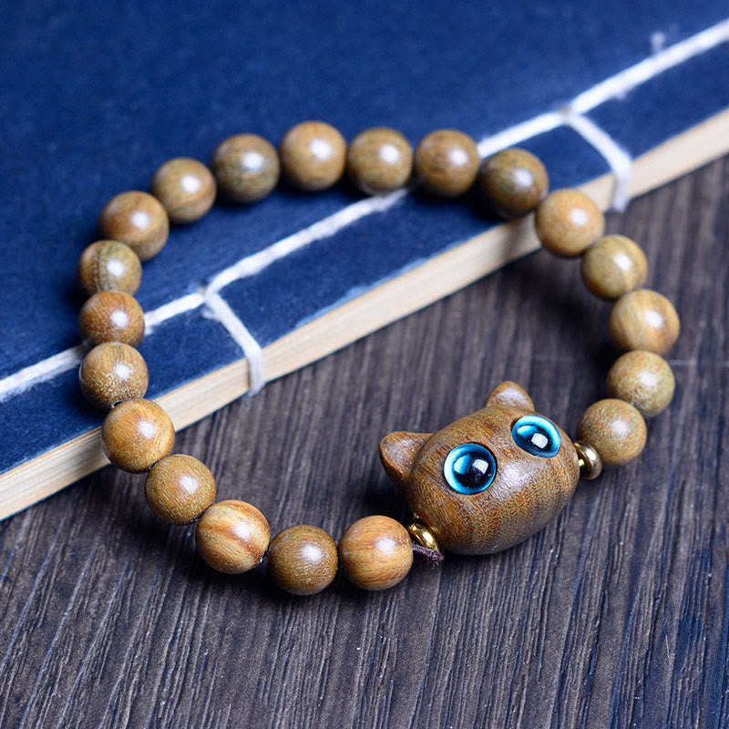 Buddha Stones Ebony Wood Green Sandalwood Red Sandalwood Lovely Cat Balance Bracelet Bracelet BS Green Sandalwood Cat 8mm*20 Beads(Wrist Circumference 14-16cm)