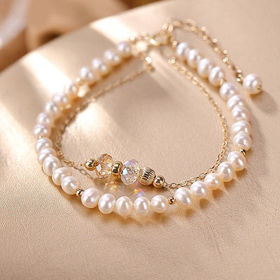 Buddha Stones 925 Sterling Silver 14K Gold Plated Natural Pearl Crystal Healing Double Layer Bracelet Bracelet BS 7