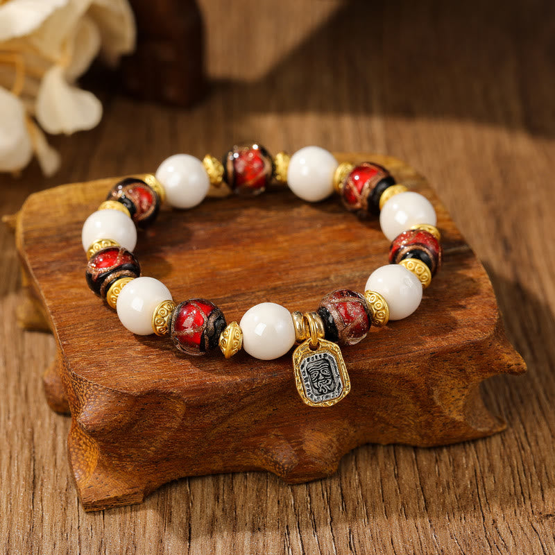 Buddha Stones Tibetan Zakiram Goddess of Wealth Charm Liuli Glass Incense Ash Porcelain Bead Protection Bracelet Bracelet BS White Porcelain Red Liuli Glass Bead