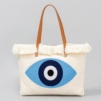 Buddha Stones Large Capacity Evil Eye Leaf Hamsa Tassel Canvas Tote Shoulder Bag Shoulder Bag BS Evil Eye 50*10*35cm