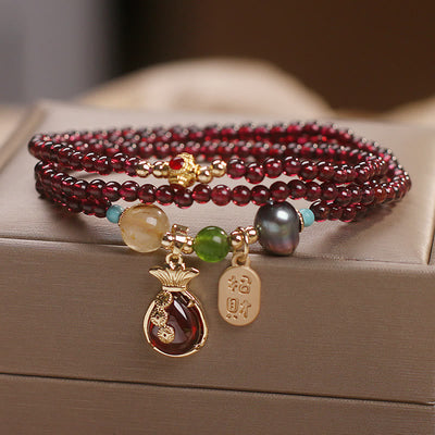Buddha Stones Multi Layered Natural Garnet Jade Coin Money Bag Attracting Wealth Protection Bracelet Bracelet BS 1