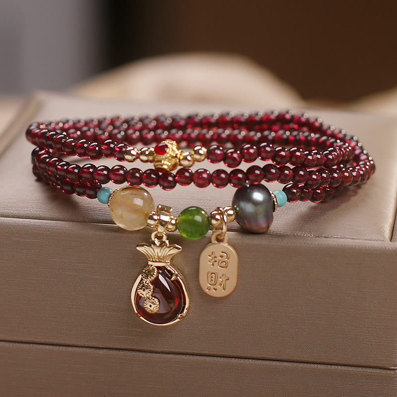 Buddha Stones Multi Layered Natural Garnet Jade Coin Money Bag Attracting Wealth Protection Bracelet Bracelet BS 1
