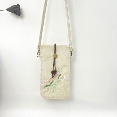Buddha Stones Small Embroidered Flowers Crossbody Bag Shoulder Bag Cellphone Bag 11*20cm Crossbody Bag BS Beige Flower Pink White Flower 11*20cm
