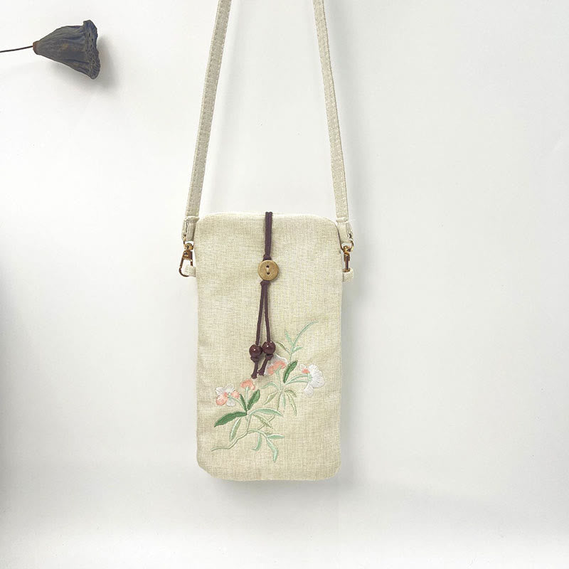 Buddha Stones Small Embroidered Flowers Crossbody Bag Shoulder Bag Cellphone Bag 11*20cm Crossbody Bag BS Beige Flower Pink White Flower 11*20cm