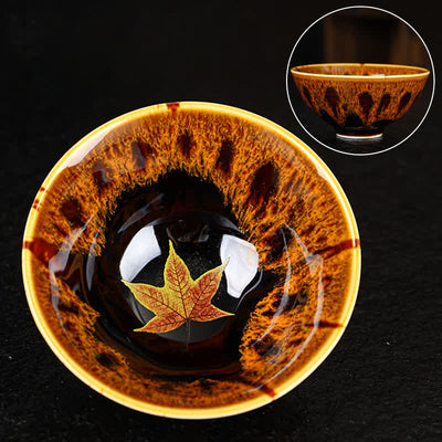 Buddha Stones Maple Leaf Colorful Ceramic Teacup Home Tea Cups Cup BS 9.5cm*4.5cm*110ml Yellow