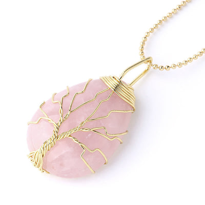 Buddha Stones Natural Quartz Crystal Tree Of Life Healing Energy Necklace Pendant Necklaces & Pendants BS Pink Crystal Gold Tree