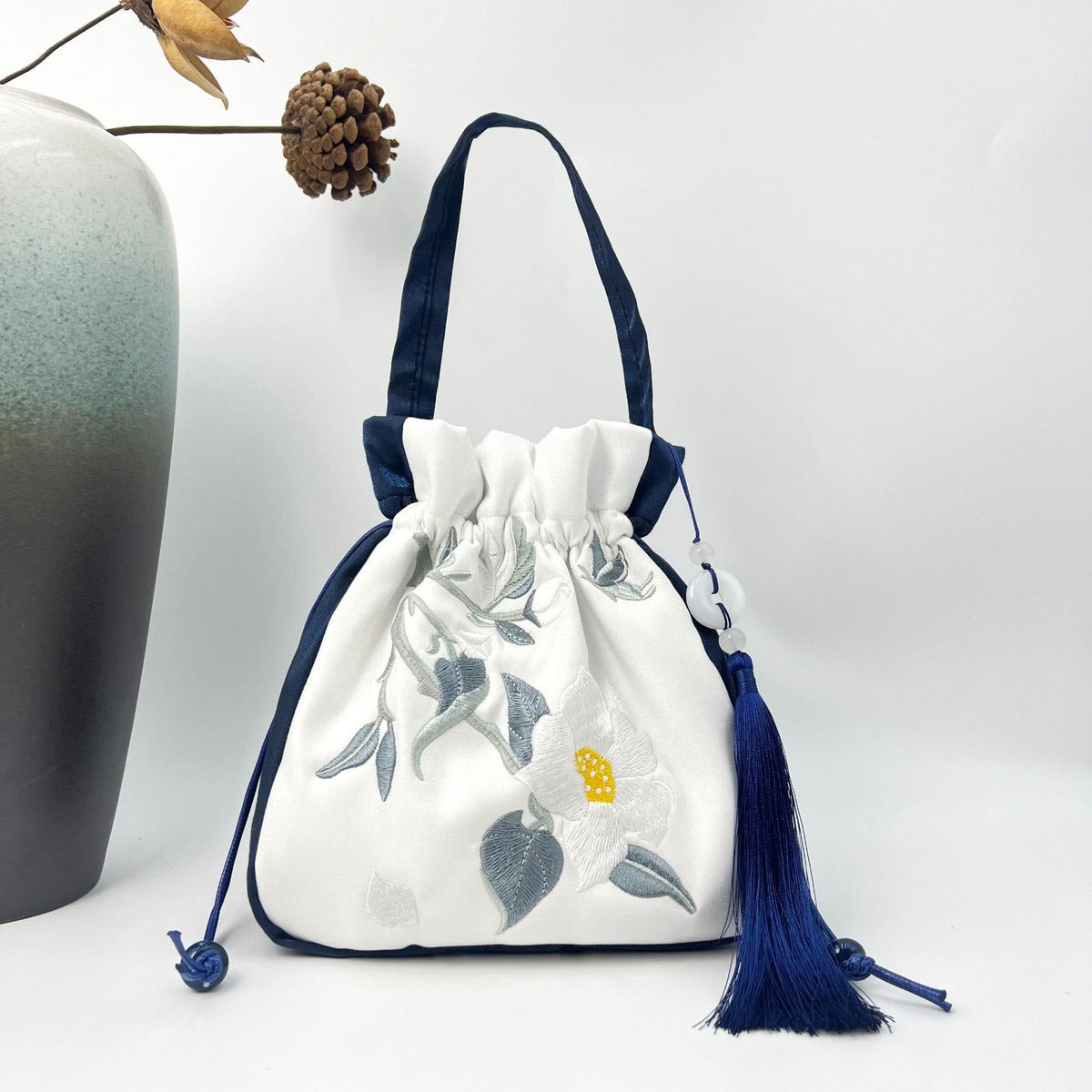 Buddha Stones Embroidered Lotus Koi Fish Crane Camellia Cotton Linen Tote Crossbody Bag Shoulder Bag Handbag Crossbody Bag BS Navy Blue White Camellia 20*20*7cm