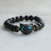 Bracelet de paix Foviel en bois d'ébène et bois de santal vert avec motif chat mignon