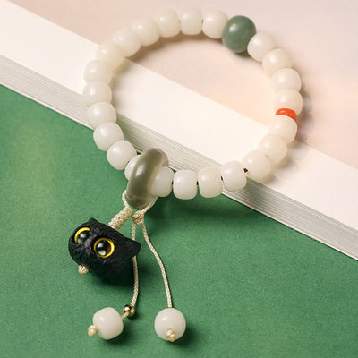 Buddha Stones Natural Bodhi Seed African Blackwood Lovely Cat Charm Peace Harmony Bracelet Bracelet BS 1