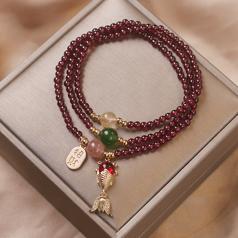 Buddha Stones Natural Garnet Strawberry Quartz Crystal Fox Koi Fish Peace Buckle Fortune Protection Triple Wrap Bracelet Bracelet BS 6