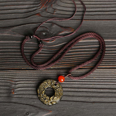 Buddha Stones Gold Sheen Obsidian Peace Buckle Pixiu Copper Coin Wealth Necklace Pendant Necklaces & Pendants BS 3