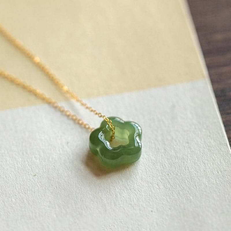 Buddha Stones Dainty Hetian Jade Cyan Jade Luck Floral Charm Necklace Pendant Necklaces & Pendants BS Cyan Jade (Success ♥ Healing) 925 Sterling Silver