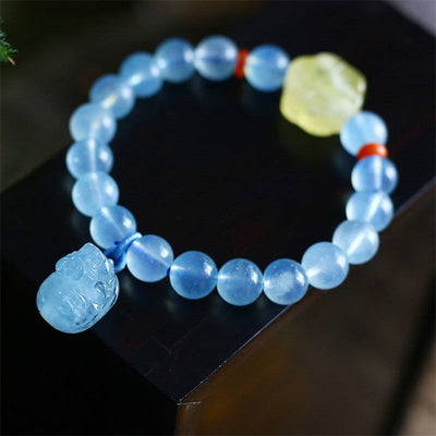 Buddha Stones Natural Aquamarine Amber Pixiu Peace Healing Charm Bracelet Bracelet BS Aquamarine