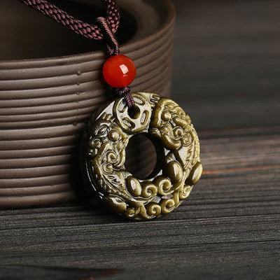 Buddha Stones Gold Sheen Obsidian Peace Buckle Pixiu Copper Coin Wealth Necklace Pendant Necklaces & Pendants BS 1