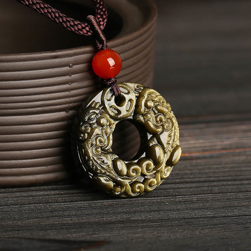 Buddha Stones Gold Sheen Obsidian Peace Buckle Pixiu Copper Coin Wealth Necklace Pendant Necklaces & Pendants BS 1