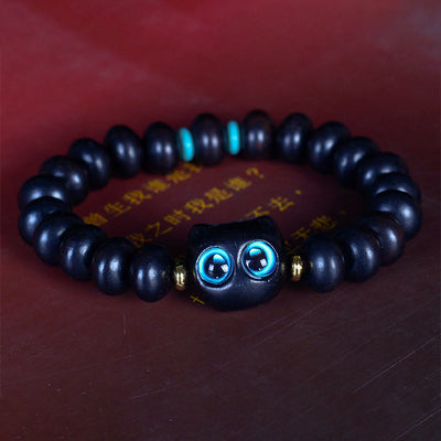 Buddha Stones Ebony Wood Liuli Glass Lovely Cat Peace Balance Bracelet Bracelet BS 6