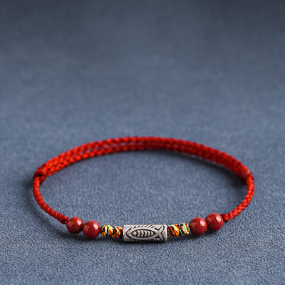 Buddha Stones 925 Sterling Silver Koi Fish Cinnabar Bead Wealth Handcrafted Braided Bracelet Anklet Bracelet Anklet BS 13