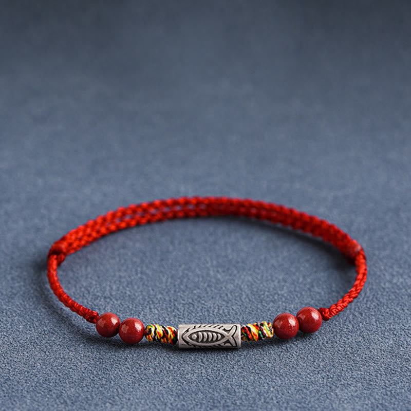 Buddha Stones 925 Sterling Silver Koi Fish Cinnabar Bead Wealth Handcrafted Braided Bracelet Anklet Bracelet Anklet BS 13